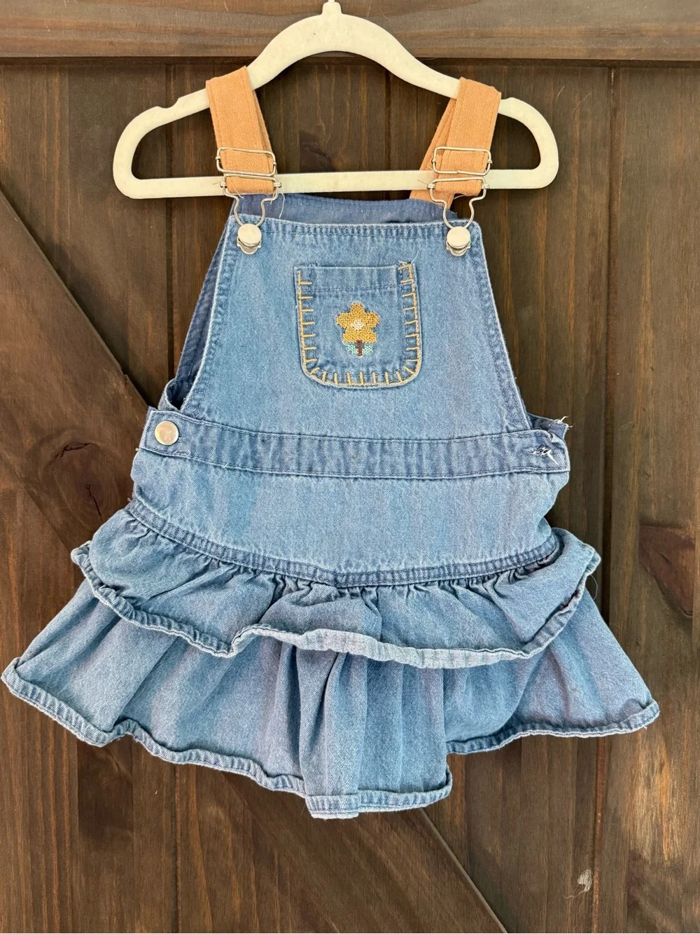 Vintage Light Blue Denim Ruffle Overall Dress with Tan Straps and Yellow Flower